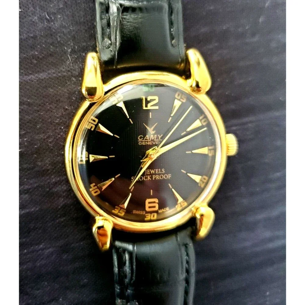 RARE Camy‎ Geneve  Mechanical Swiss Watch Restored Serviced GLD-BLK-BLK